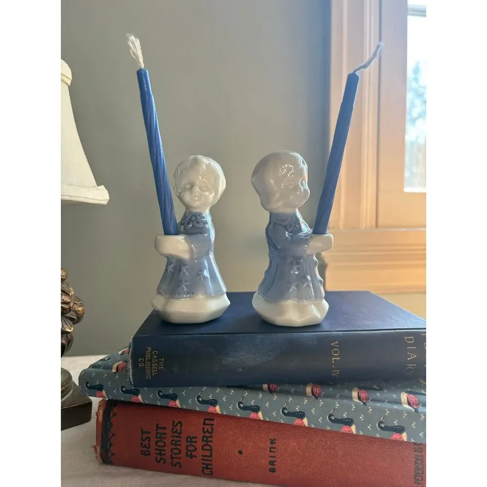 Vintage 1960s blue and white porcelain birthday candle holders figurines